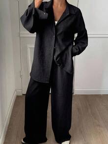 DAZY 西部风沙滩度假纯色牛仔效果亚麻宽松休闲两件套女装，春秋季西装套装女式休闲套装