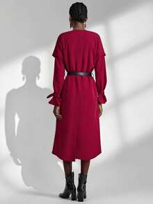 Almamuse 女士优雅宽松长袖酒红色长款开衫 - 酒紅色 - 查看 2