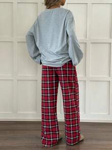 SHEIN 2 件套青少年女孩休闲宽松上衣和格子裤 T 恤套装，秋冬 - 彩色 - 查看 2