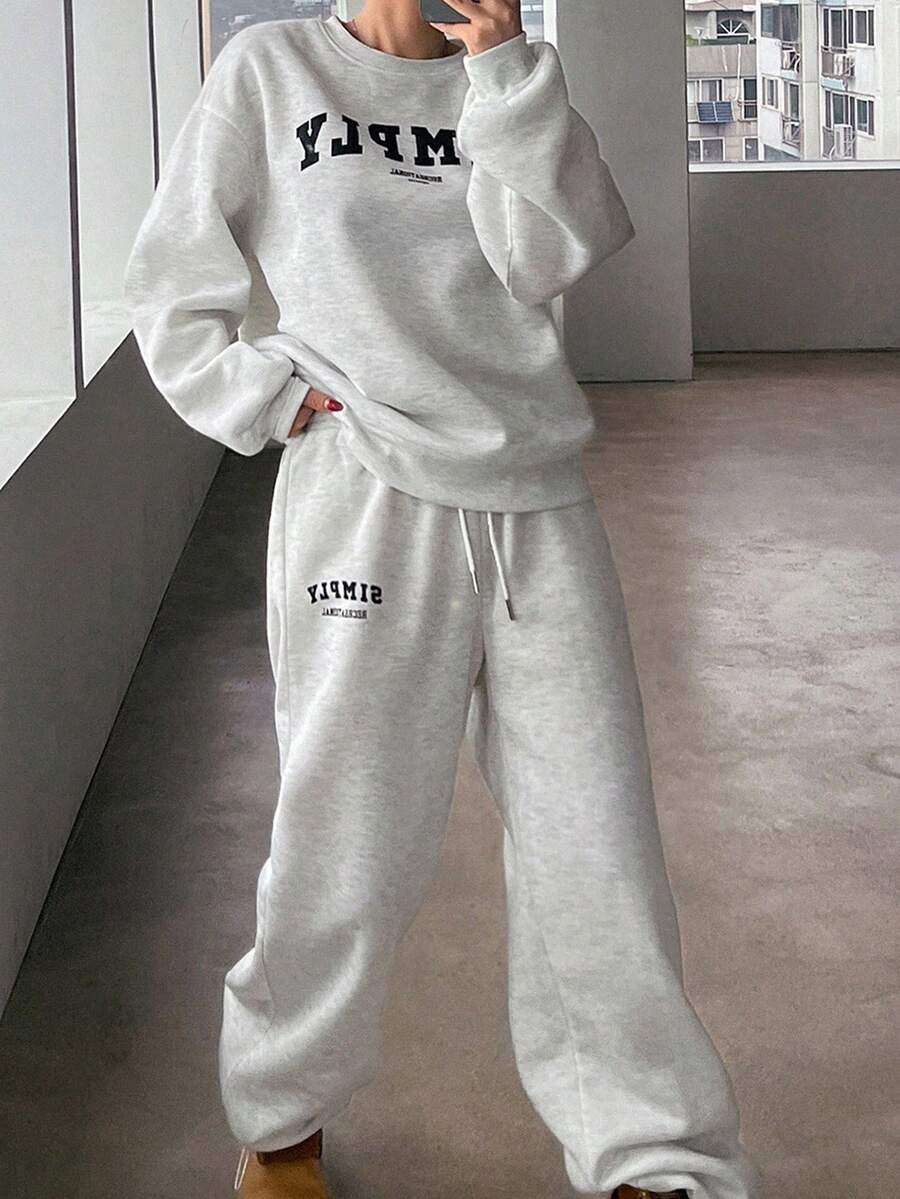 DAZY 2pcs/Set Women Solid Color Fleece Crew Neck Sweatshirt And Letter Print Sweatshirt,Fall Clothes Tracksuits Women Set Lounge Sets For Women