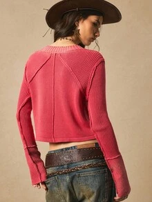 Easelle Cardigan Retro Wool Knitted Style Retro Red Twist Wool Knitted Autumn And Winter Nomadic Retro Fall Clothes Women Red Sweater Cardigan Washed Wool Vintage - Redwood - View 2