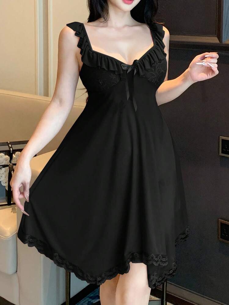 Lace Mesh Solid Color Frill Trim Camisole Sexy Nightgown Lingerie For Women