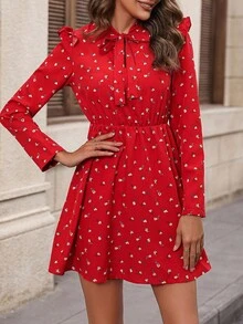 EMERY ROSE Vestido elegante de manga larga con cuello de corbata, hombros con parches, volantes en el bajo y estampado floral diminuto - Rojo - Ver 4