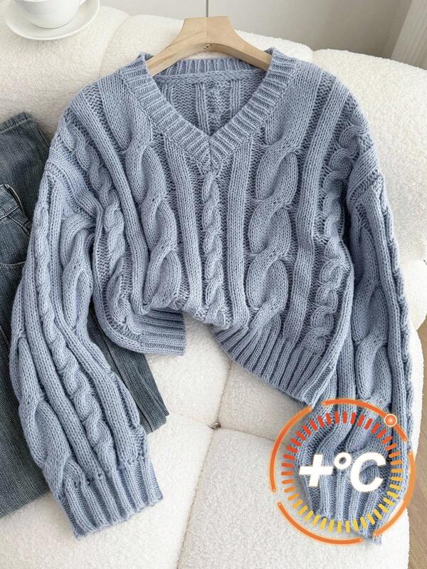 SHEIN Teen Girls' Basic Solid Blue V-Neck Cropped Long Sleeve Pullover Sweater, Suitable For Autumn/Winter, Casual, Commute, Back To School Cropped Cable Knit Sweater Blue Cropped Sweater Cable Knit V-Neck Sweater Pastel Blue Sweater Fall Girls Sweater Sweater For Tweens Girl Knit