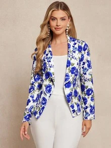 SHEIN Clasi Floral Print Open Front Blazer In Fall/Winter - Blue and White - View 1