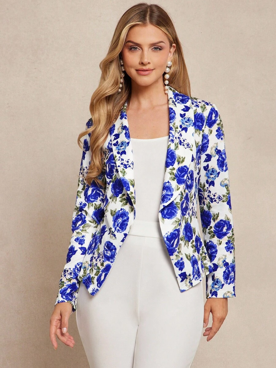 SHEIN Clasi Floral Print Open Front Blazer In Fall/Winter - Blue and White - View 1