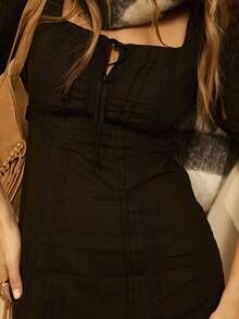 Aralina Women's Autumn/Winter/Summer Linen And Lace Puff Sleeve Mini Dress Perfect For Date Nights And Going Out Outfits And Teacher Outfits And Halloween Outfits