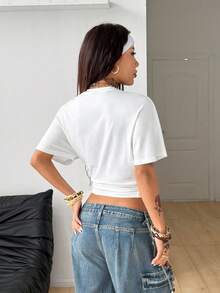 Coolane 95%纯棉两件套女式极简Y2K基础款宽松褶皱短款T恤 - 弹力黑白两件套，适合四季日常穿着、休闲返校、街头风。 - 彩色 - 查看 2