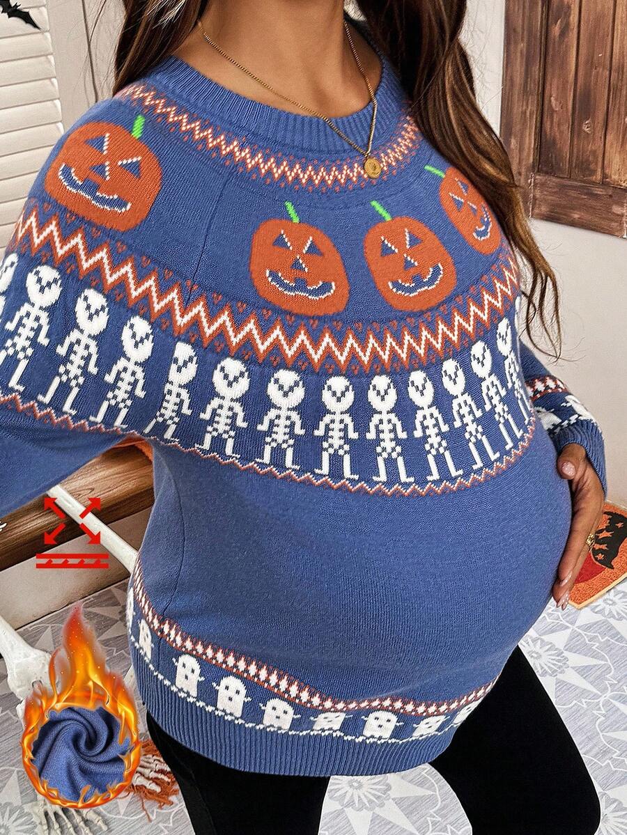 SHEIN Umstandspullover mit Kürbismuster für den Herbst, Rundhalsausschnitt, Raglanärmel, Lässig - Verschiedenfarbig - Übersicht 1