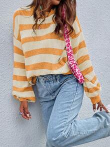 EMERY ROSE Women Casual Striped Pullover Sweater Multicolor Rib Knit Round Neck Drop Shoulder Long Sleeve Regular Length Sweater For Women Pullover For Women Orange Sweater Yellow Sweater - Multicolor - View 5