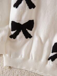 SHEIN Young Girls' Turtleneck Long Sleeve Bow Jacquard Casual Knit Pullover Sweater Fall Winter - White - View 4