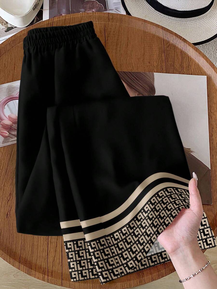 Rusticease Damen Lässig Geometrisch Elastischer Bund Weite Bein Bedruckte Hose, Herbst/Winter