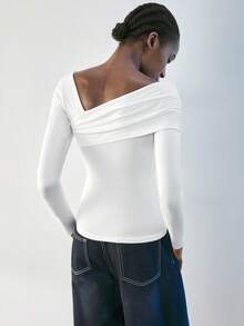 Maija White Asymmetric Ruched Front Rose Gold Metal Button Decor Long Sleeve Minimalist Elegant Blouse For Women White Top Women Long Sleeve White Top Fitted Tops Women Women Long Sleeve Tops White Tops Women,Fall Women Clothes,Halloween,Fall Clothes For Women