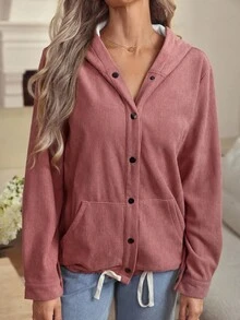 Louniche Jaket Corduroy Polos Wanita dengan Bulu Imitasi, Musim Gugur/Dingin - Dusty Pink - View 5