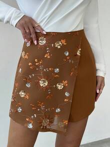 Firerie Falda-pantalón casual y elegante de patchwork marrón con bordados y cuentas, ideal para vacaciones, festivales de música, uso diario y urbano. Cintura baja, corte recto y suelto, adecuada para otoño/invierno, ropa de mujer, vuelta al colegio - Marrón - Ver 1