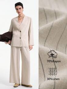 SHEIN LUNE Casual Minimalist Linen Long Sleeve V-Neck Loose Straight Striped Textured Fabric Women's Suit Set, Autumn/Winter - Khaki - View 1