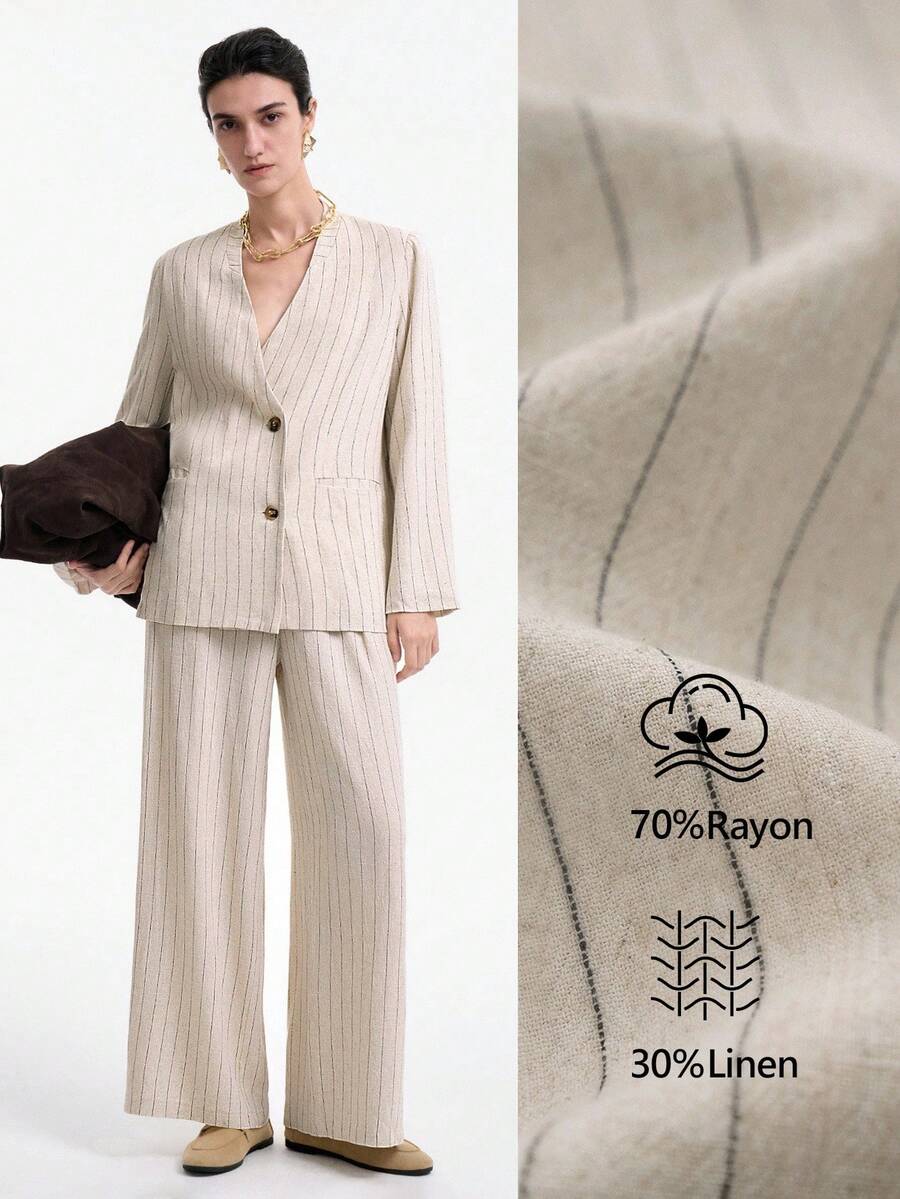 SHEIN LUNE Casual Minimalist Linen Long Sleeve V-Neck Loose Straight Striped Textured Fabric Women's Suit Set, Autumn/Winter - Khaki - View 1