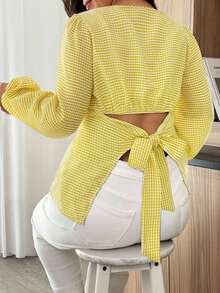 Weeklong Plus Size Women Casual Plaid Tie Back Long Sleeve Shirt - Yellow - View 3