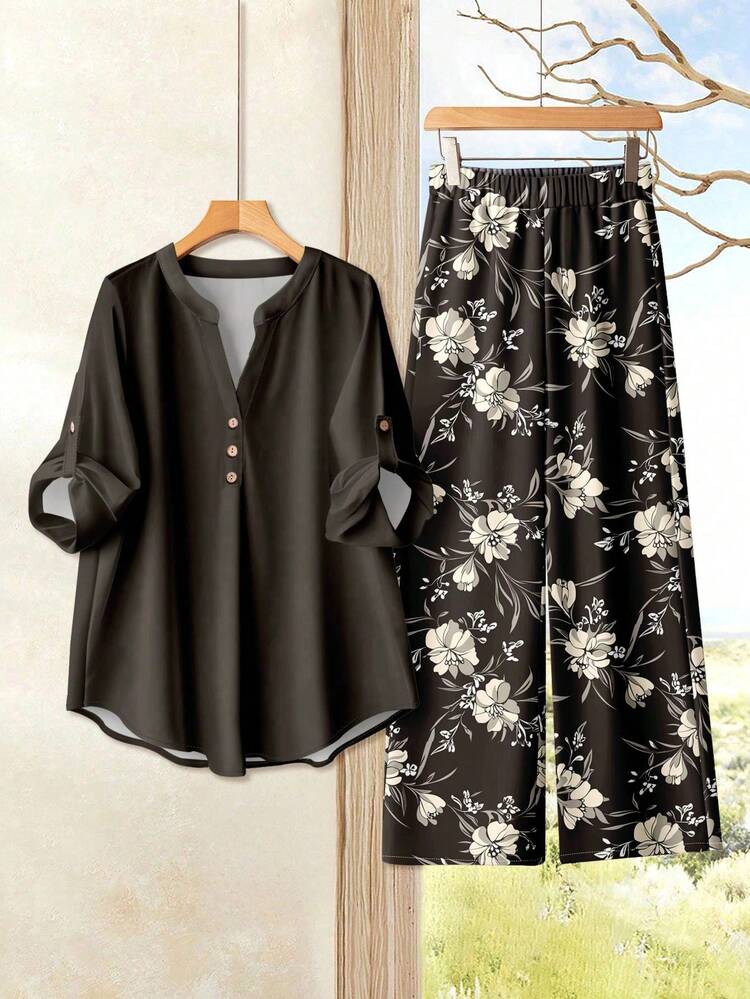 Women's Solid Color Minimalist Daily Long Sleeve Top & Printed Pants 2 Pieces Set