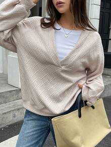 DAZY Áo nỉ nữ tay dài vải dày họa tiết cổ chữ V dáng rộng màu trơn phong cách đường phố thường ngày, mùa thu/đông - Màu be - Xem 3