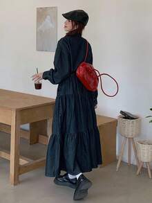 DAZY 女士圆领半拉链荷叶边牛仔上衣和长款牛仔裙休闲牛仔套装 - 深色水洗藍 - 查看 5