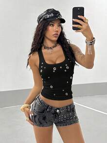 StreetHx Women's Punk Style Sleeveless Fitted Tank Top With Rivet Decor - Black - View 3