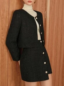 Chiquease 优雅两件套：女式亮面单排扣长袖夹克和不对称下摆中长裙，秋冬 - 黑色 - 查看 5