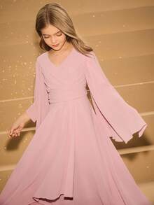 Tween Girls' Chiffon V-Neck Flare Sleeve Asymmetrical Hem Mid-Length Dress, Suitable For Flower Girl, Wedding, Prom, Birthday Party, Christmas, Halloween, Back To School, Graduation - Pink - View 1