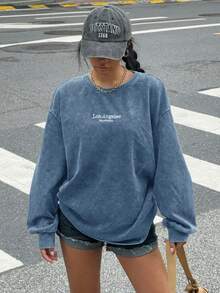 SHEIN EZwear Plus Size Acid Washed Look Vintage Knitted Distressed Loose Fit Long Sleeve T-Shirt Blue Sweatshirt/Fall/Winter - Baby Blue - View 3