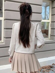 Dazy Star 女士撞色领泡泡袖衬衫、长袖上衣、秋装格子