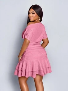 SOLERSUN Vestido mini elegante de fiesta y día con cuello asimétrico, mangas largas, recogido y doble volante, de punto color albaricoque para mujer