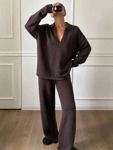 Livesso Women's Casual V-Neck Loose Top And Wide-Leg Pants Knit Two Pieces Set, Autumn - Brown - View 4