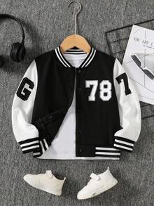 SHEIN Genkimix Kids 1 件装小男孩休闲棒球夹克，带字母和数字印花，长袖，适合 4-7 岁男孩的日常穿着、运动、郊游、返校 - 黑色 - 查看 7