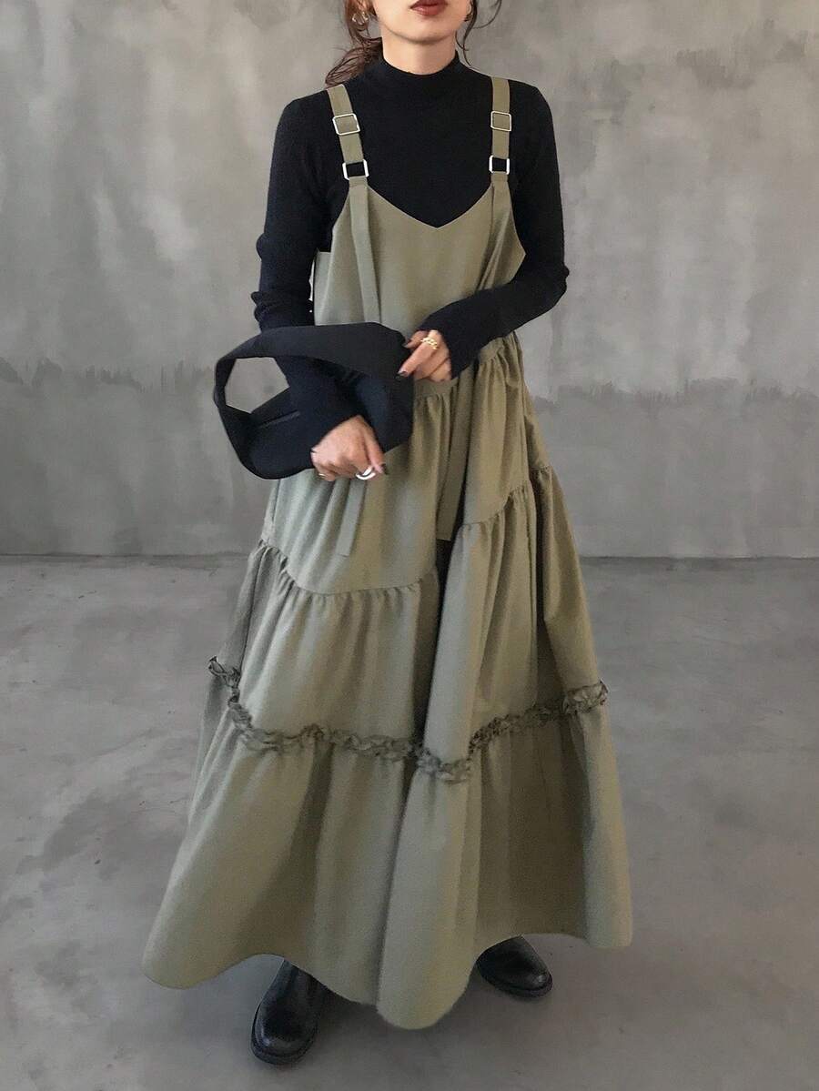 FRIFUL 荷叶边长款背带裙 - 鏽棕色 - 查看 1