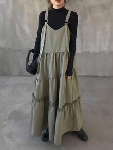 FRIFUL 荷叶边长款背带裙 - 鏽棕色 - 查看 3