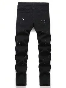 Manfinity Roughcore 男士休闲时尚街头霓虹绿拼布破洞牛仔裤 - 黑色 - 查看 2