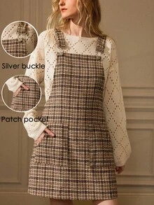 Écloséra Women's Simple Casual Brown Dress Plaid Double Pocket Wide Shoulder Strap Suspender Skirt Women's Autumn Dress For Going Out Female Country Style