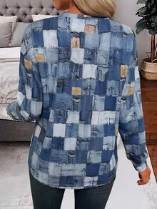 SHEIN Sudadera de mujer de manga larga con cuello redondo, media cremallera y patrón asimétrico, elegante y casual - Multicolor - Ver 2