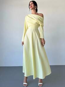 Firerie 女士优雅日常时尚新款浅黄色不对称露肩长袖超长连衣裙，A 字腰收腰奶油黄色长裙，适合毕业典礼、派对、下午茶、海滩、茶会、优雅、通勤、约会、婚礼季、毕业装、舞会、表演服、音乐会、工作服、年会 - 黃色 - 查看 5