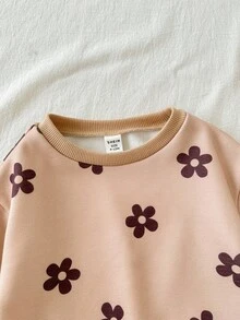 Loomiva 2 件套女婴花卉印花针织柔软圆领长袖运动衫和松紧腰裤套装，休闲装适合秋冬季、室内、室外 - 彩色 - 查看 4