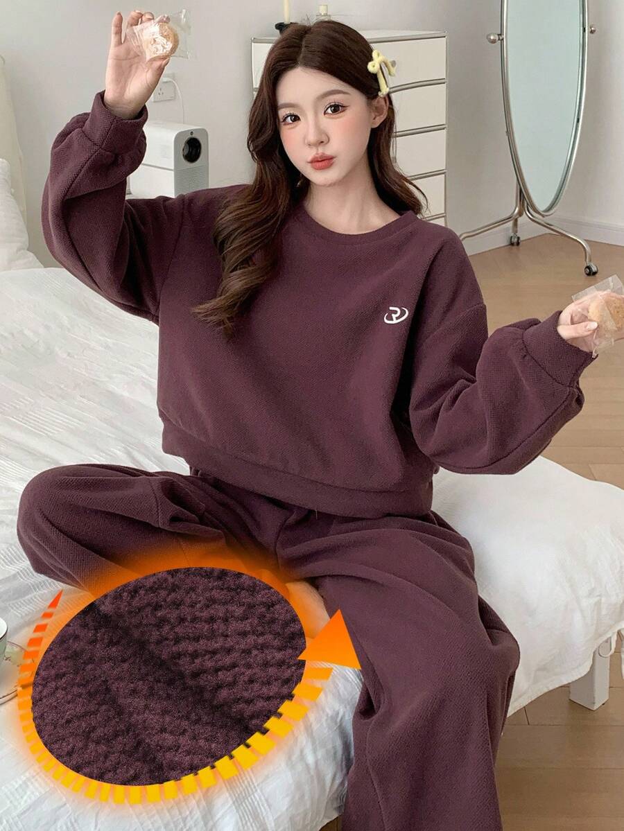 DAZY 女士纯色休闲字母图案抓绒连帽衫和长裤家居服套装，秋冬保暖睡衣，舒适套装