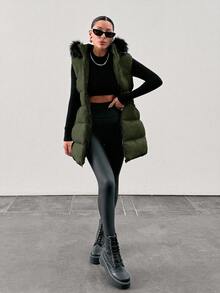 EURMUSE Padded Vest With Furry Hood And Adjustable Waist, Two Side Pockets, Thick And Fashionable Puffer Jacket, Quilting Details - Dark Green - View 7