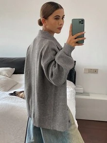 Livesso Cárdigan de cuello alto holgado de unicolor para mujer, de estilo minimalista, para otoño/invierno - Gris - Ver 3