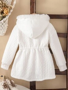 Genkimix Kids 1 件女童冬季 2025 新款夹克，提花毛绒衬里拉链开衫带帽，松紧腰带，白色简约优雅保暖外套 - 白色 - 查看 2