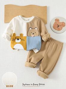 Cozy Pixies Bộ 2 quần jogger cạp chun co giãn họa tiết động vật hoạt hình cho bé trai, màu tương phản, lót nỉ giữ nhiệt, cổ tròn, áo nỉ dệt kim mềm mại - Màu be - Xem 6