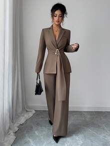 Elenzga Women's Elegant & Sophisticated Autumn/Winter Office Commute 2 Pieces Suit Set: Long Sleeve Blazer Jacket With Metal Decor + Wide Leg Pants, Deep Brown - Brown - View 3