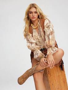 Styleloop Women's Western Embroidered Apricot Mid-Calf Boots, Comfortable For Vacation, Commute, Chunky Heel, Shark Boots For Halloween Party - Apricot - View 2