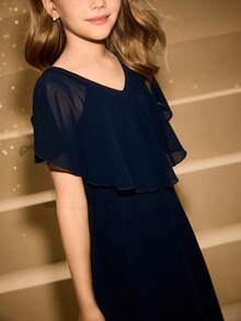 Girls' Chiffon Sleeveless Ruffle Hem Dress, Suitable For Flower Girl, Wedding, Prom, Birthday Party, Christmas, Halloween, Back To School, Graduation Fall Winter - Blue - View 7