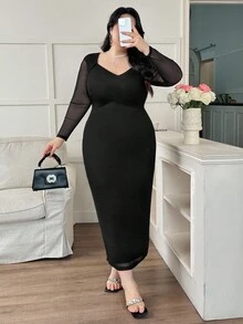 Modelyn Plus Size Women Crew Neck Long Sleeve High Stretch Mesh Criss-Cross Ruched Bodycon Elegant Dress