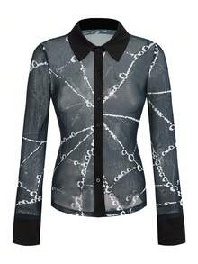 Shutterstock Glamance Black Elastic Mesh Sheer Sexy Spider Web Patchwork Women Long Sleeve Blouse, Suitable For Autumn/Winter Parties, Gatherings And Daily Wear Casual Stylish Collection New Year - Black - View 5